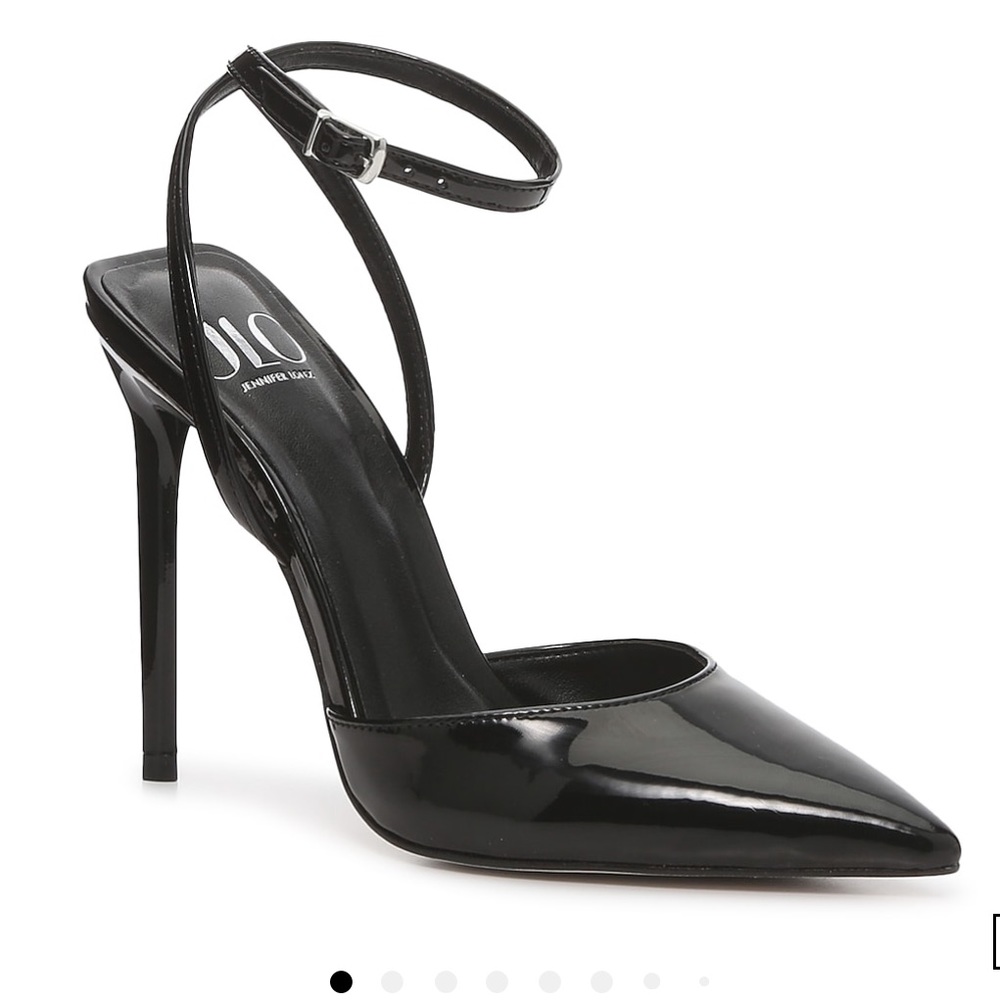 Jennifer Lopez Black Patent Pointed-Toe Stiletto Heel Pump with Ankle Strap